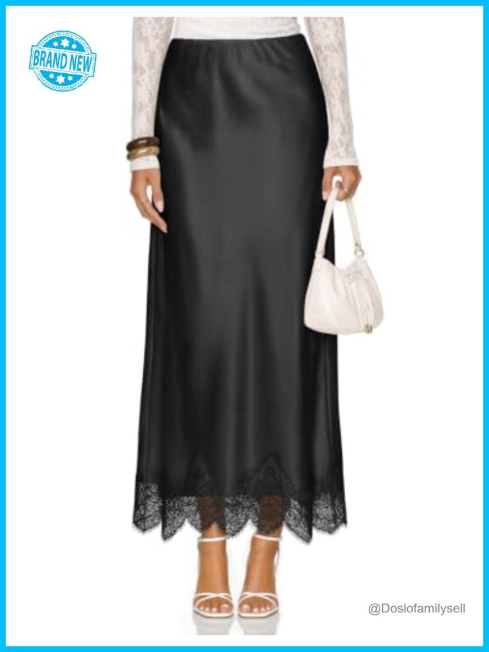 Satin Lace Trim Maxi Skirt High Waist A-Line Business Casual